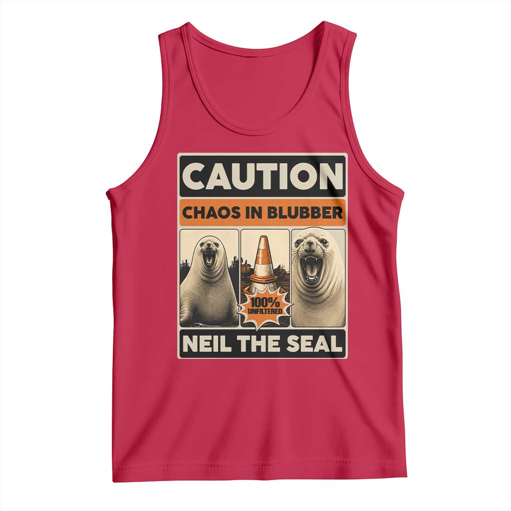 Retro Neil the Seal Caution Chaos in Blubber Tank Top Funny Viral Chaotic Elephant Seal Traffic Cone Meme