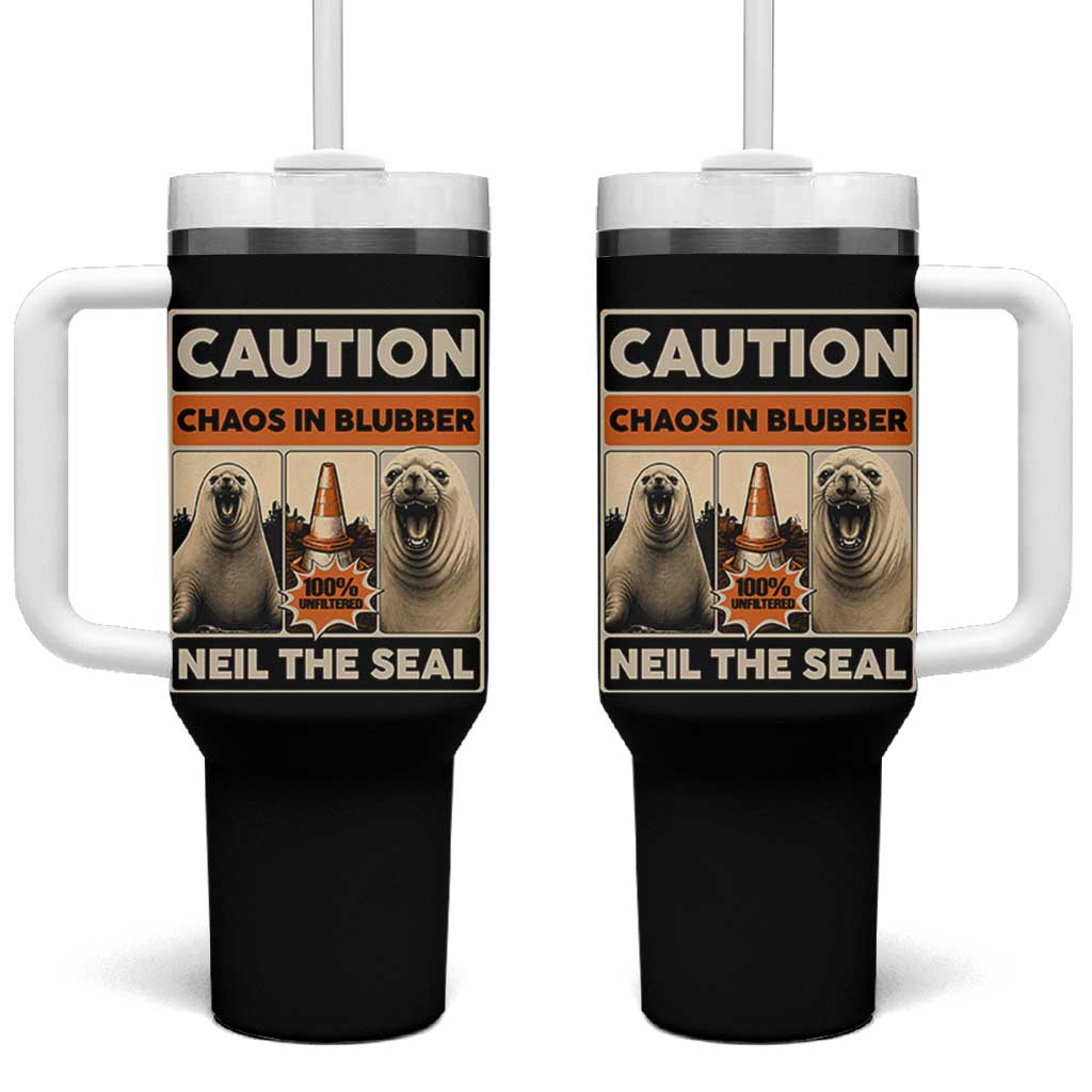Retro Neil the Seal Caution Chaos in Blubber Tumbler With Handle Funny Viral Chaotic Elephant Seal Traffic Cone Meme