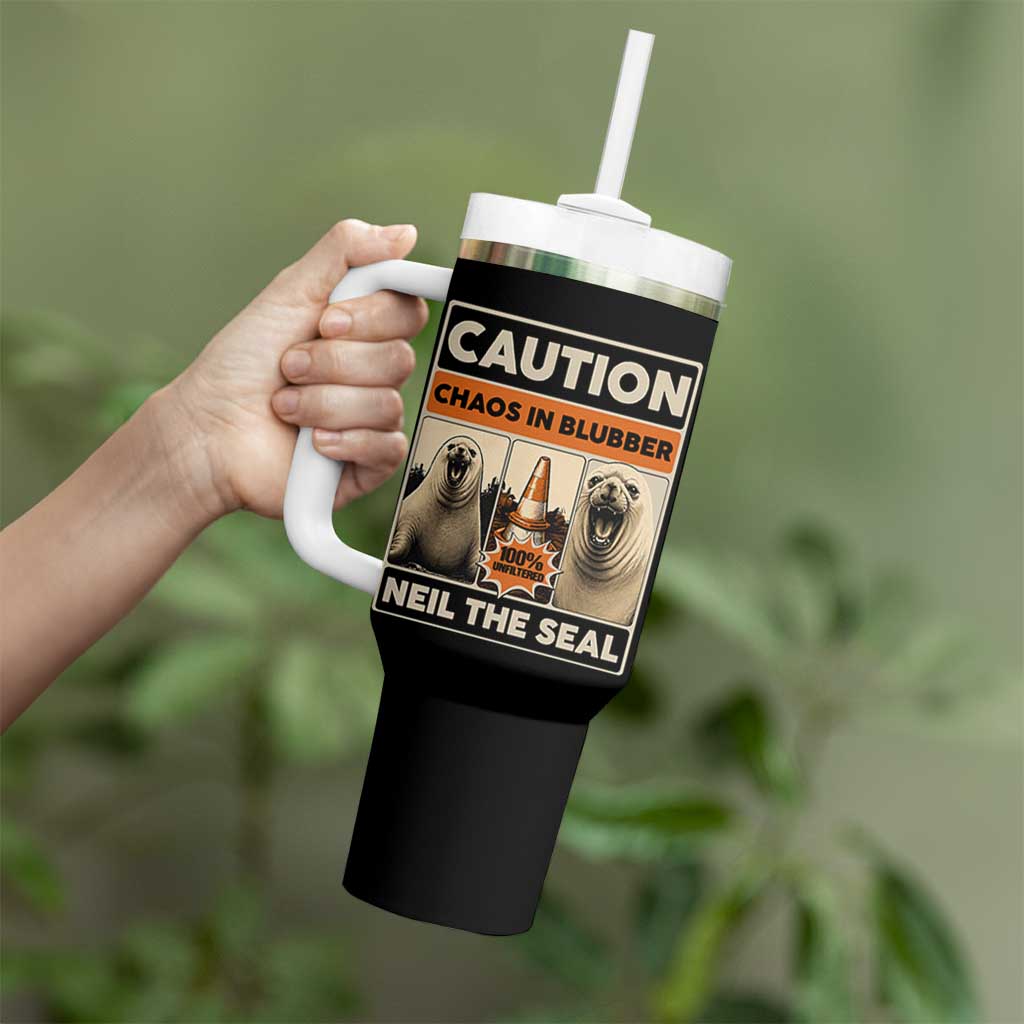 Retro Neil the Seal Caution Chaos in Blubber Tumbler With Handle Funny Viral Chaotic Elephant Seal Traffic Cone Meme
