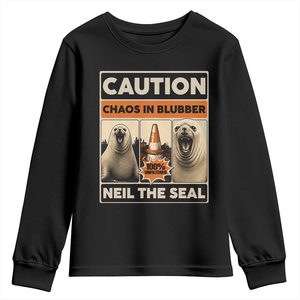 Retro Neil the Seal Caution Chaos in Blubber Youth Sweatshirt Funny Viral Chaotic Elephant Seal Traffic Cone Meme