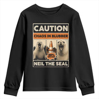 Retro Neil the Seal Caution Chaos in Blubber Youth Sweatshirt Funny Viral Chaotic Elephant Seal Traffic Cone Meme