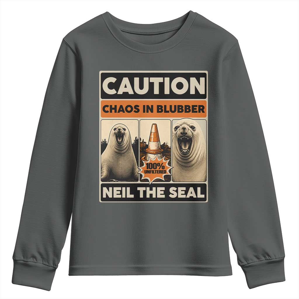 Retro Neil the Seal Caution Chaos in Blubber Youth Sweatshirt Funny Viral Chaotic Elephant Seal Traffic Cone Meme