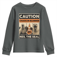Retro Neil the Seal Caution Chaos in Blubber Youth Sweatshirt Funny Viral Chaotic Elephant Seal Traffic Cone Meme