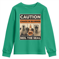 Retro Neil the Seal Caution Chaos in Blubber Youth Sweatshirt Funny Viral Chaotic Elephant Seal Traffic Cone Meme