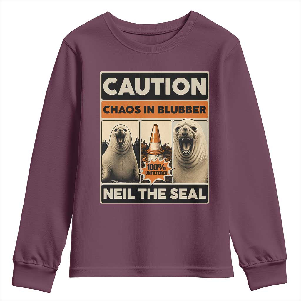 Retro Neil the Seal Caution Chaos in Blubber Youth Sweatshirt Funny Viral Chaotic Elephant Seal Traffic Cone Meme