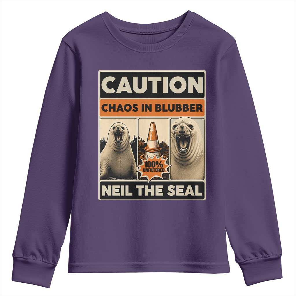 Retro Neil the Seal Caution Chaos in Blubber Youth Sweatshirt Funny Viral Chaotic Elephant Seal Traffic Cone Meme