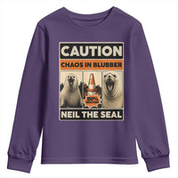 Retro Neil the Seal Caution Chaos in Blubber Youth Sweatshirt Funny Viral Chaotic Elephant Seal Traffic Cone Meme
