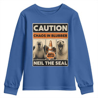 Retro Neil the Seal Caution Chaos in Blubber Youth Sweatshirt Funny Viral Chaotic Elephant Seal Traffic Cone Meme