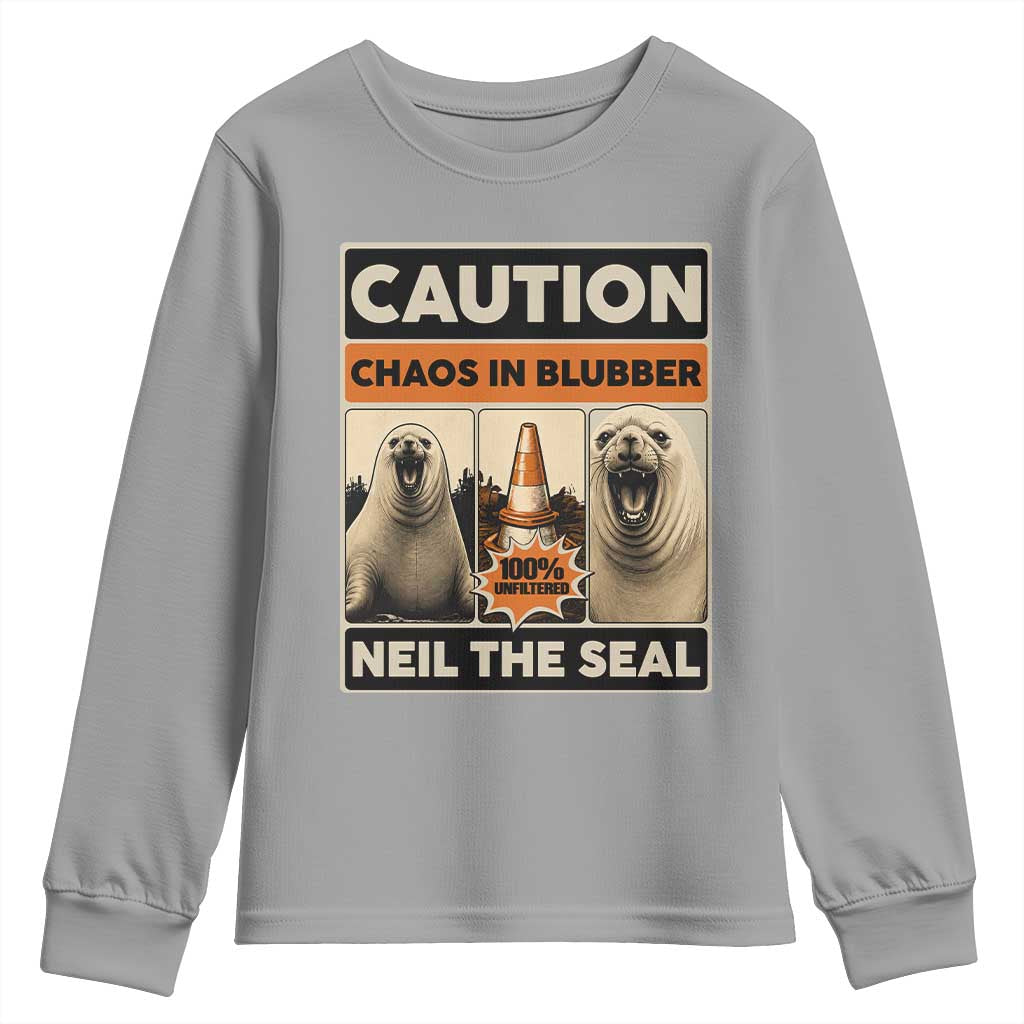 Retro Neil the Seal Caution Chaos in Blubber Youth Sweatshirt Funny Viral Chaotic Elephant Seal Traffic Cone Meme