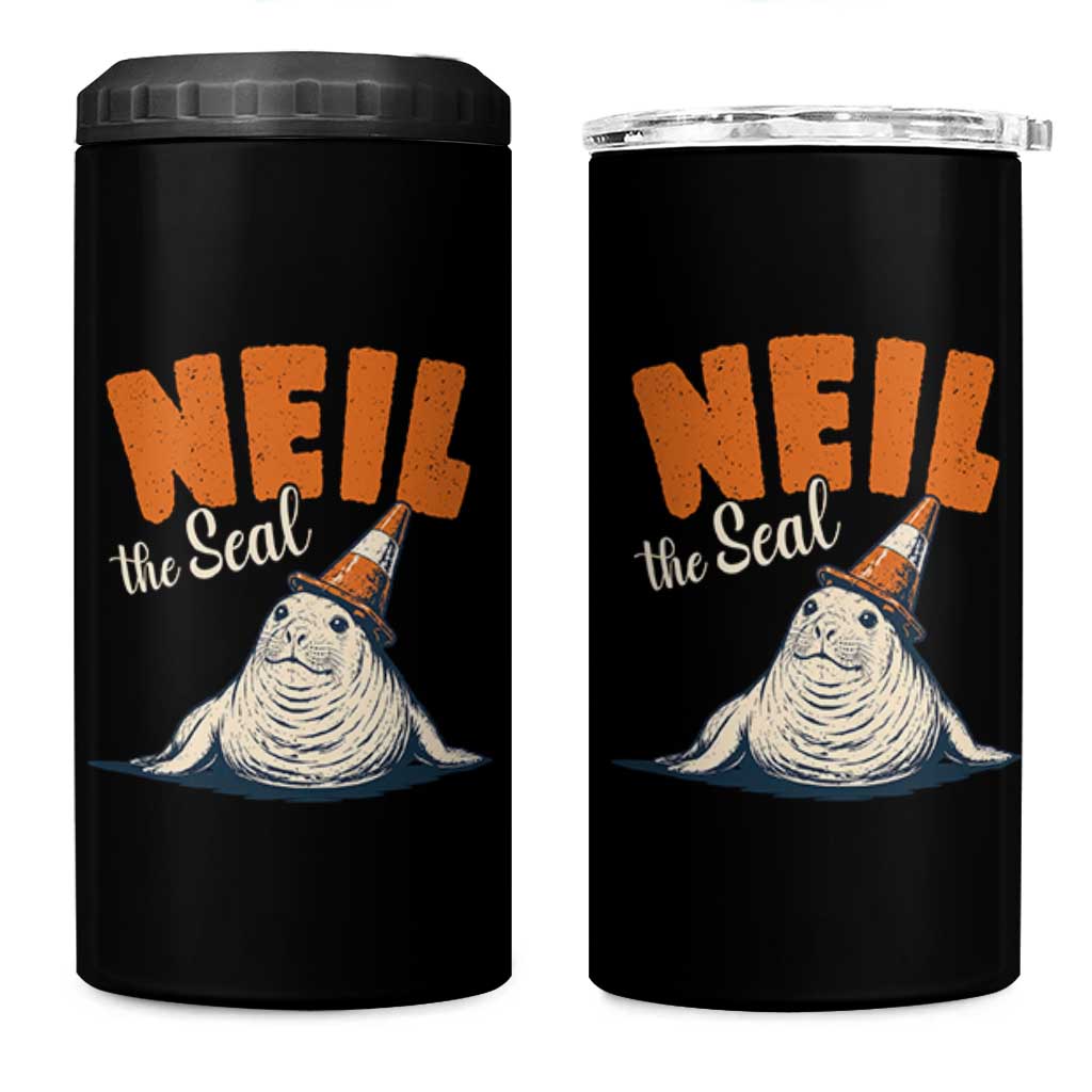 Vintage Neil the Seal Wearing Traffic Cone Hat Meme 4 in 1 Can Cooler Tumbler Cute Retro Viral Chaotic Southern Elephant Seal
