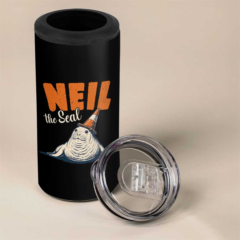 Vintage Neil the Seal Wearing Traffic Cone Hat Meme 4 in 1 Can Cooler Tumbler Cute Retro Viral Chaotic Southern Elephant Seal