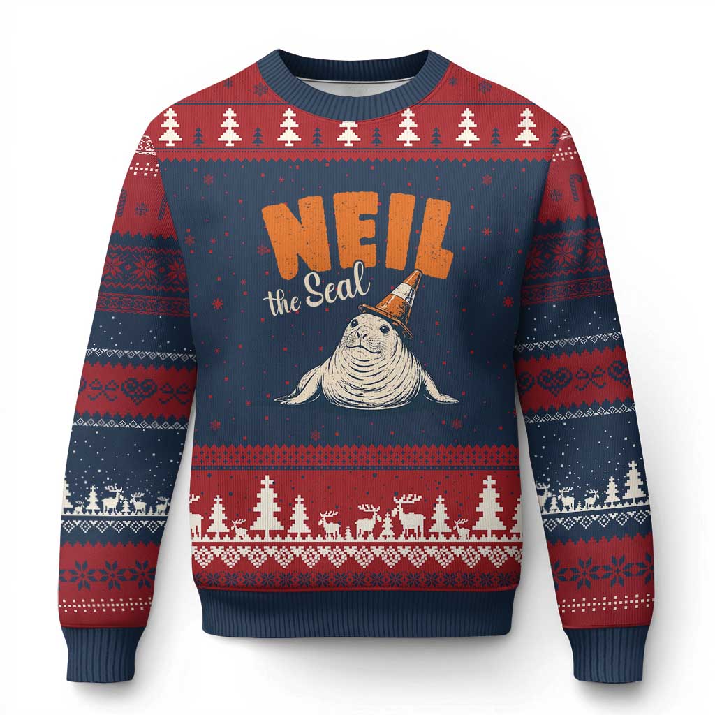 Vintage Neil the Seal Wearing Traffic Cone Hat Meme Ugly Christmas Sweater Cute Retro Viral Chaotic Southern Elephant Seal