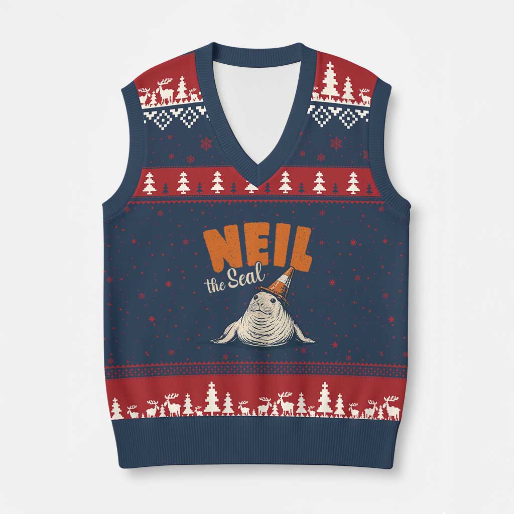 Vintage Neil the Seal Wearing Traffic Cone Hat Meme V-Neck Knit Sweater Vest Cute Retro Viral Chaotic Southern Elephant Seal