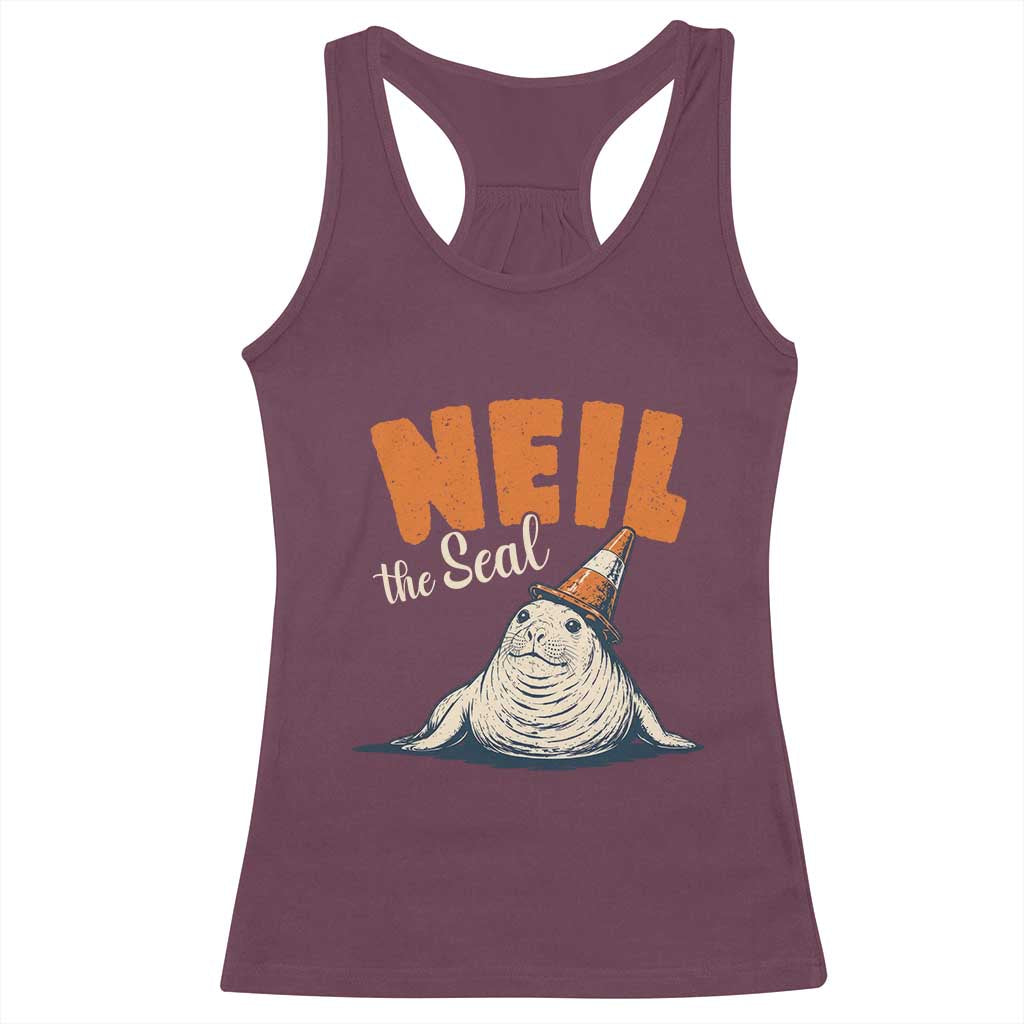 Vintage Neil the Seal Wearing Traffic Cone Hat Meme Racerback Tank Top Cute Retro Viral Chaotic Southern Elephant Seal