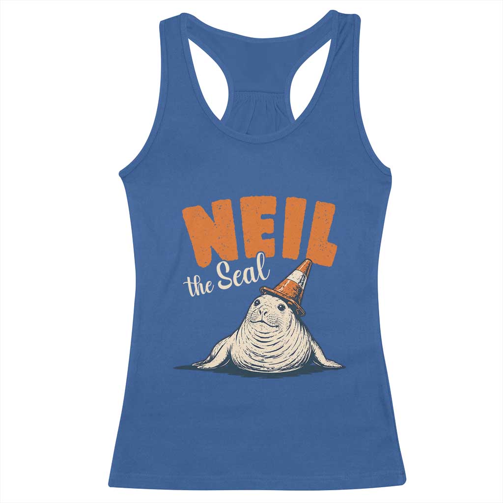 Vintage Neil the Seal Wearing Traffic Cone Hat Meme Racerback Tank Top Cute Retro Viral Chaotic Southern Elephant Seal