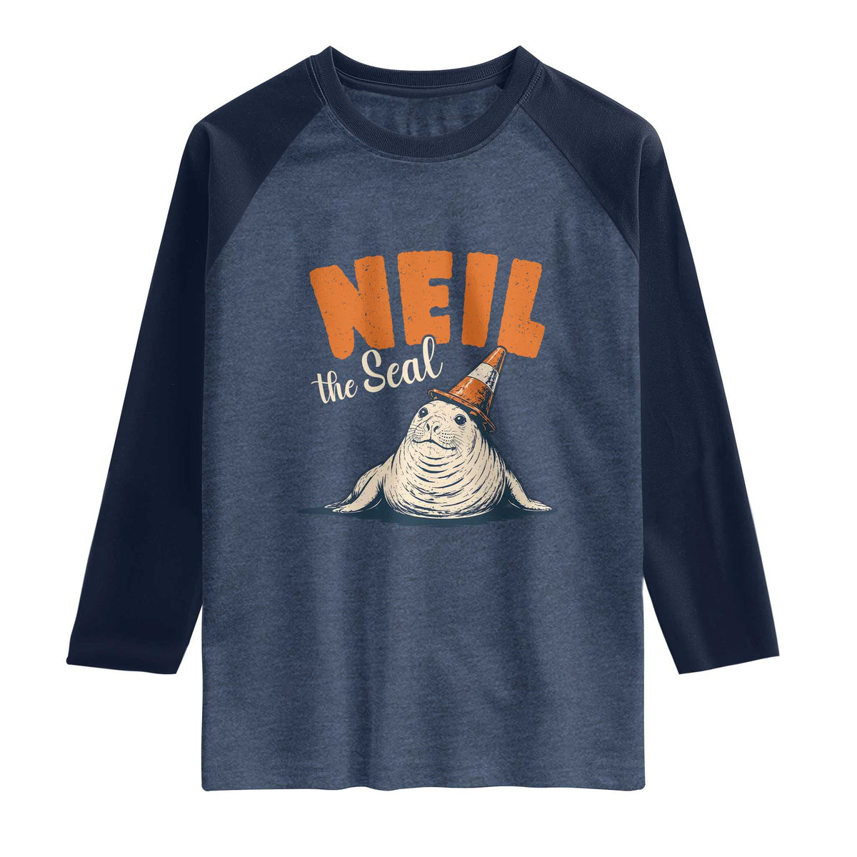 Vintage Neil the Seal Wearing Traffic Cone Hat Meme Raglan Shirt Cute Retro Viral Chaotic Southern Elephant Seal