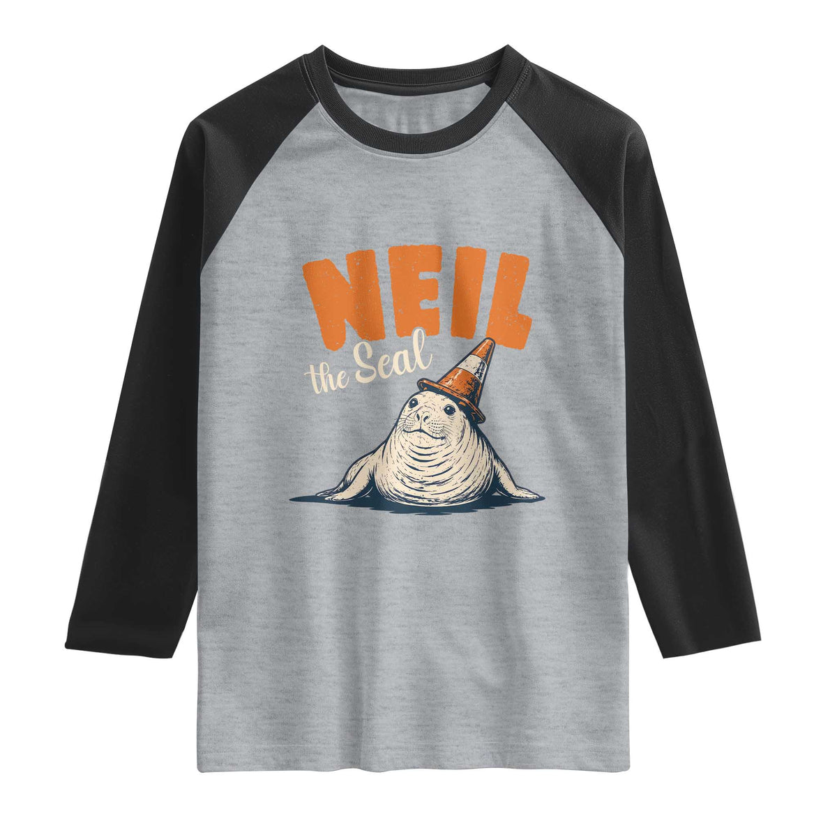 Vintage Neil the Seal Wearing Traffic Cone Hat Meme Raglan Shirt Cute Retro Viral Chaotic Southern Elephant Seal