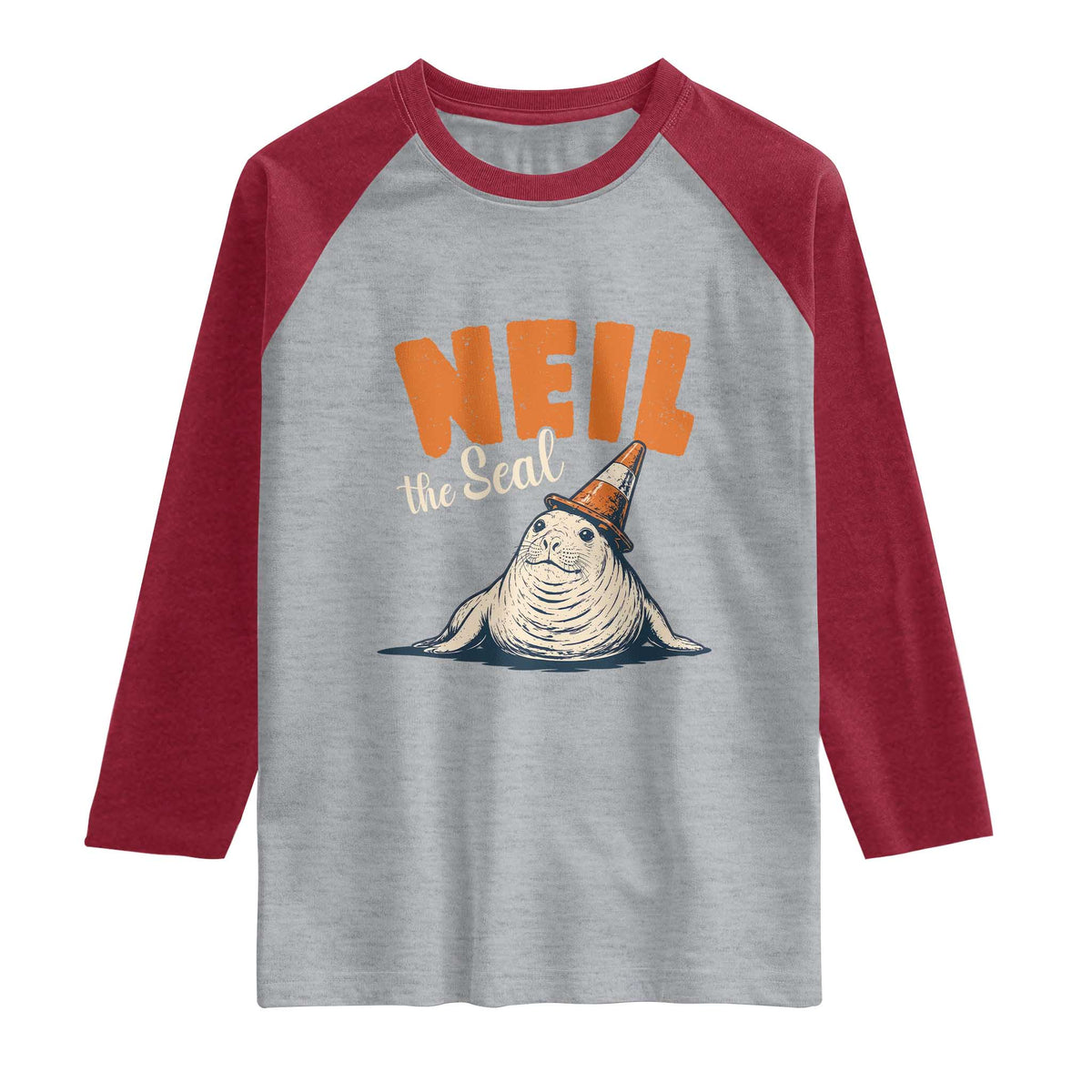 Vintage Neil the Seal Wearing Traffic Cone Hat Meme Raglan Shirt Cute Retro Viral Chaotic Southern Elephant Seal