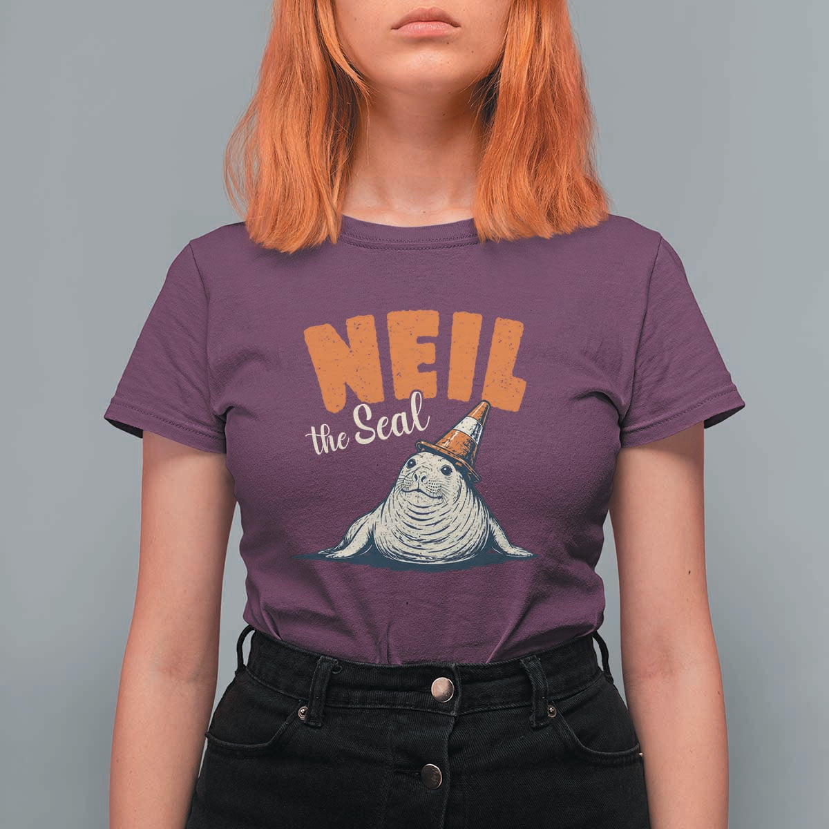Vintage Neil the Seal Wearing Traffic Cone Hat Meme T Shirt For Women Cute Retro Viral Chaotic Southern Elephant Seal