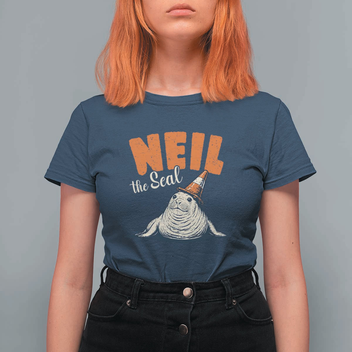 Vintage Neil the Seal Wearing Traffic Cone Hat Meme T Shirt For Women Cute Retro Viral Chaotic Southern Elephant Seal