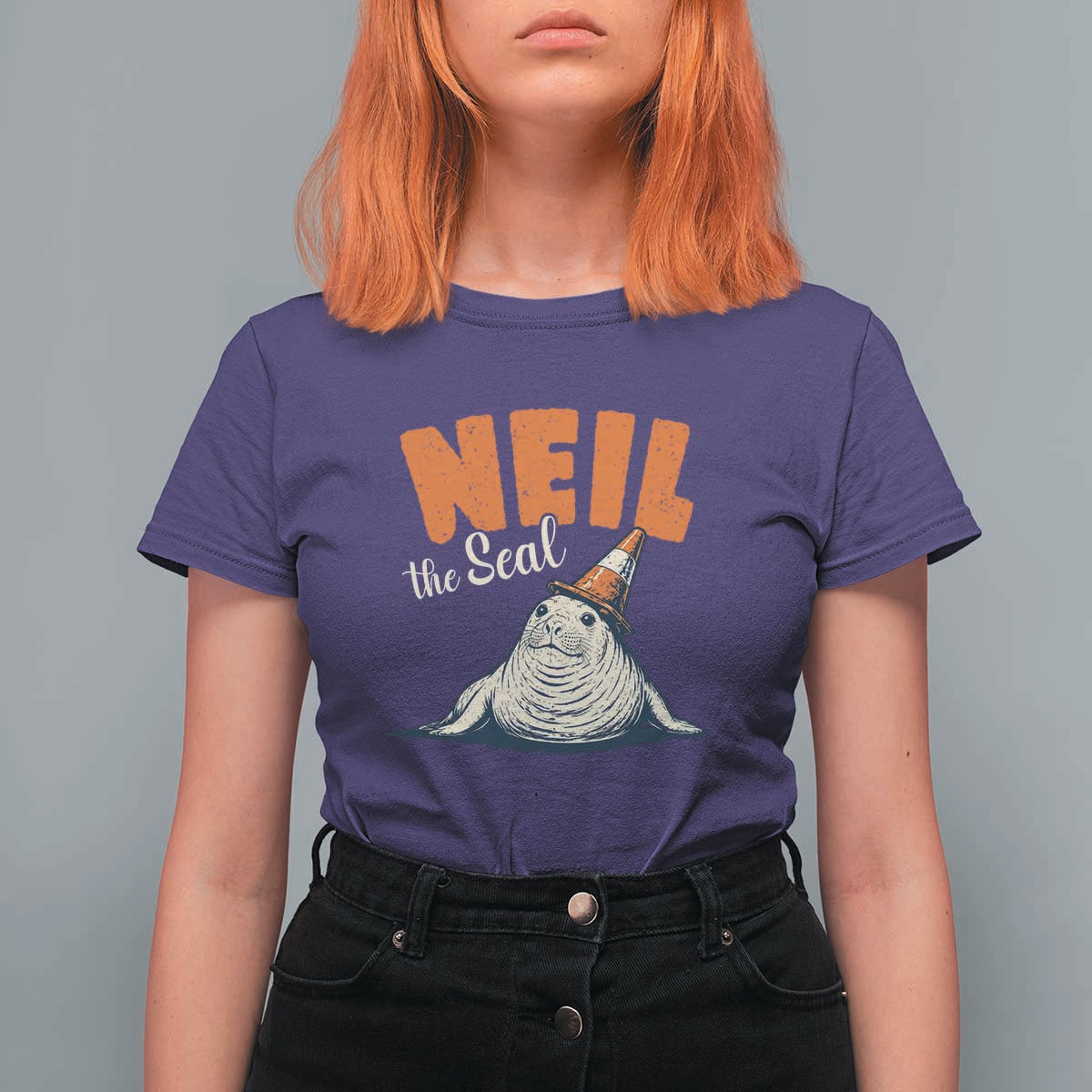 Vintage Neil the Seal Wearing Traffic Cone Hat Meme T Shirt For Women Cute Retro Viral Chaotic Southern Elephant Seal