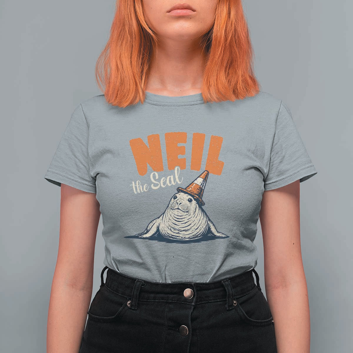 Vintage Neil the Seal Wearing Traffic Cone Hat Meme T Shirt For Women Cute Retro Viral Chaotic Southern Elephant Seal