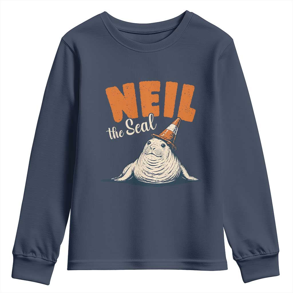 Vintage Neil the Seal Wearing Traffic Cone Hat Meme Youth Sweatshirt Cute Retro Viral Chaotic Southern Elephant Seal