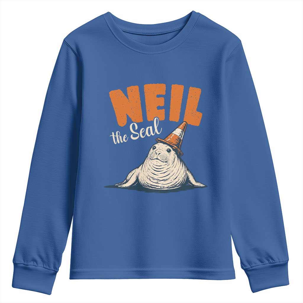 Vintage Neil the Seal Wearing Traffic Cone Hat Meme Youth Sweatshirt Cute Retro Viral Chaotic Southern Elephant Seal