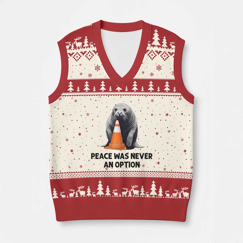 Funny Neil the Seal Peace Was Never An Option Meme V-Neck Knit Sweater Vest Chaotic Southern Elephant Seal Traffic Cone