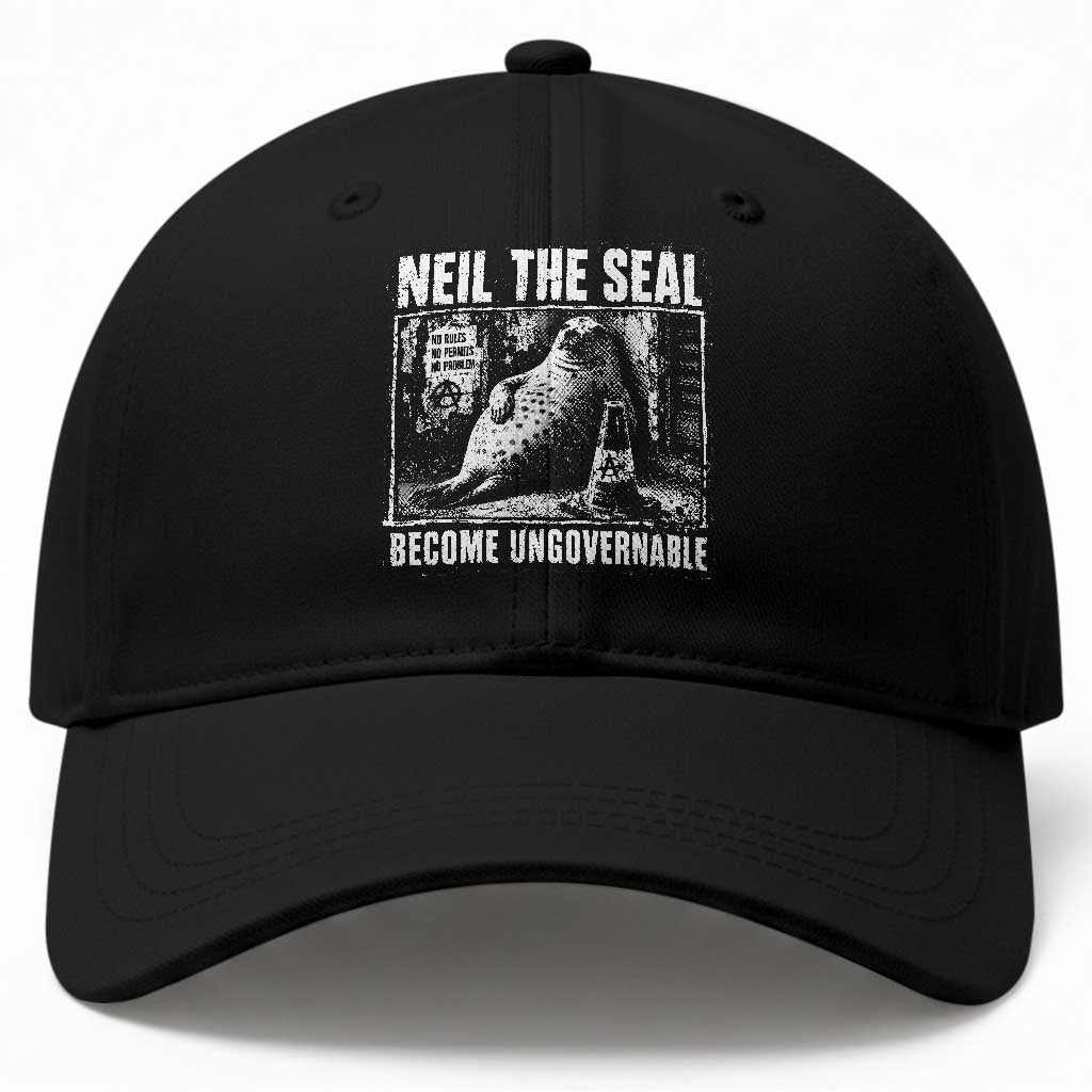 Punk Rock Neil the Seal Become Ungovernable Poster Style Baseball Cap Funny Viral Chaotic Elephant Seal Traffic Cone Meme