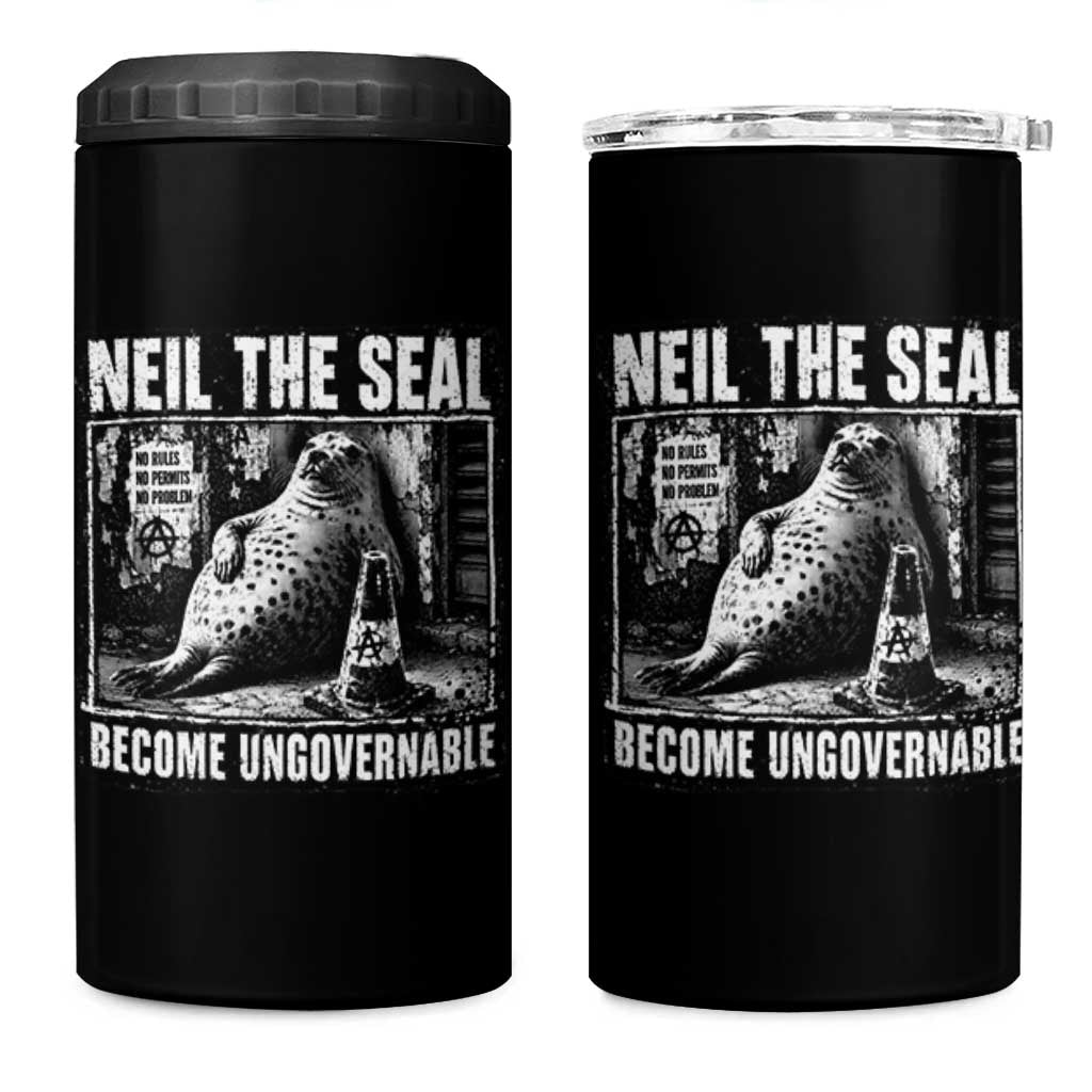 Punk Rock Neil the Seal Become Ungovernable Poster Style 4 in 1 Can Cooler Tumbler Funny Viral Chaotic Elephant Seal Traffic Cone Meme