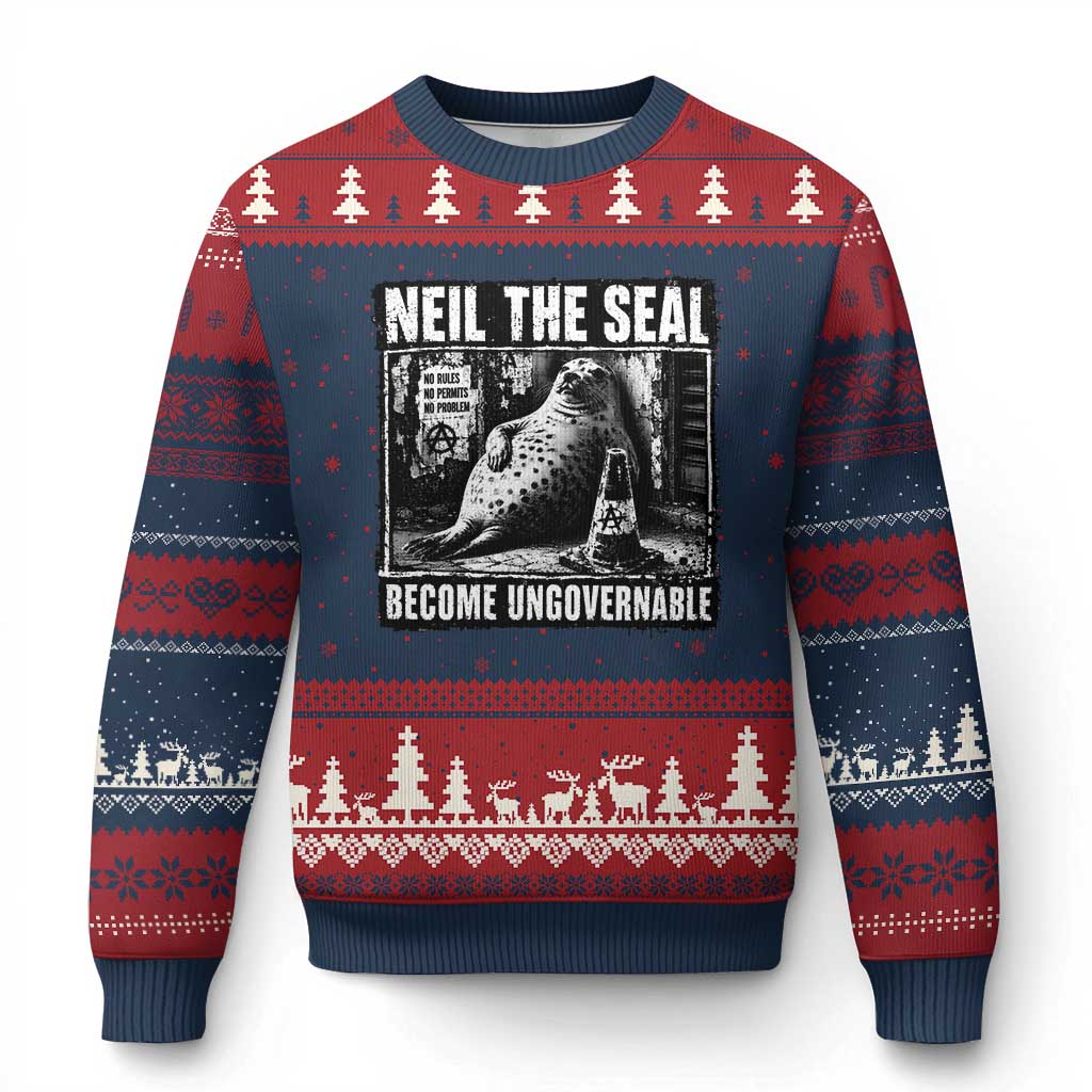 Punk Rock Neil the Seal Become Ungovernable Poster Style Ugly Christmas Sweater Funny Viral Chaotic Elephant Seal Traffic Cone Meme