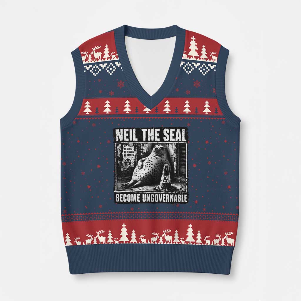 Punk Rock Neil the Seal Become Ungovernable Poster Style V-Neck Knit Sweater Vest Funny Viral Chaotic Elephant Seal Traffic Cone Meme