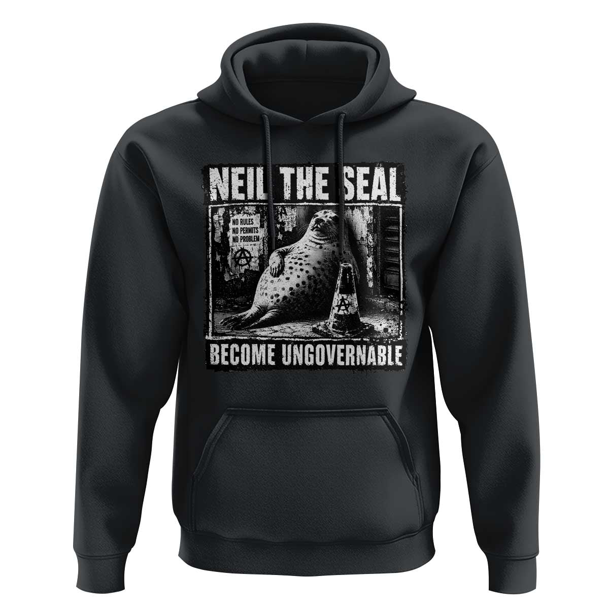 Punk Rock Neil the Seal Become Ungovernable Poster Style Hoodie Funny Viral Chaotic Elephant Seal Traffic Cone Meme