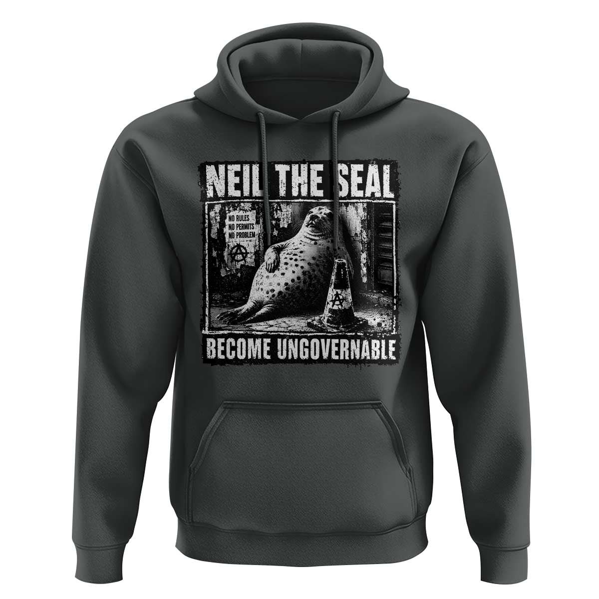 Punk Rock Neil the Seal Become Ungovernable Poster Style Hoodie Funny Viral Chaotic Elephant Seal Traffic Cone Meme