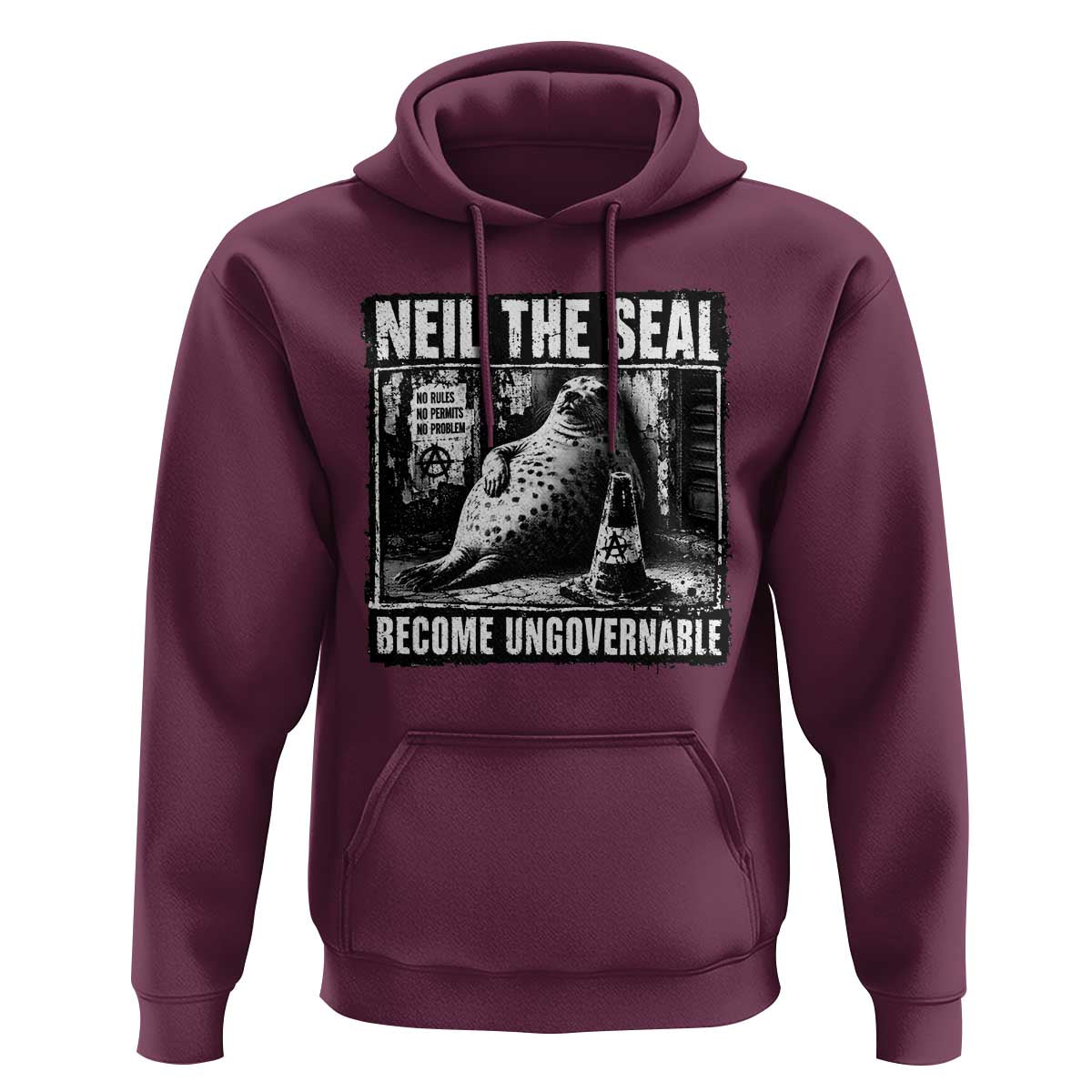 Punk Rock Neil the Seal Become Ungovernable Poster Style Hoodie Funny Viral Chaotic Elephant Seal Traffic Cone Meme