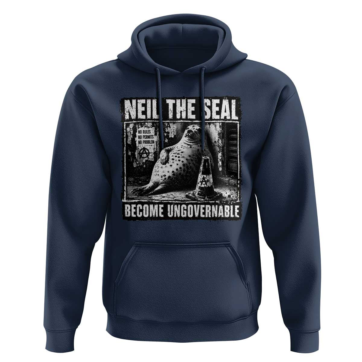 Punk Rock Neil the Seal Become Ungovernable Poster Style Hoodie Funny Viral Chaotic Elephant Seal Traffic Cone Meme