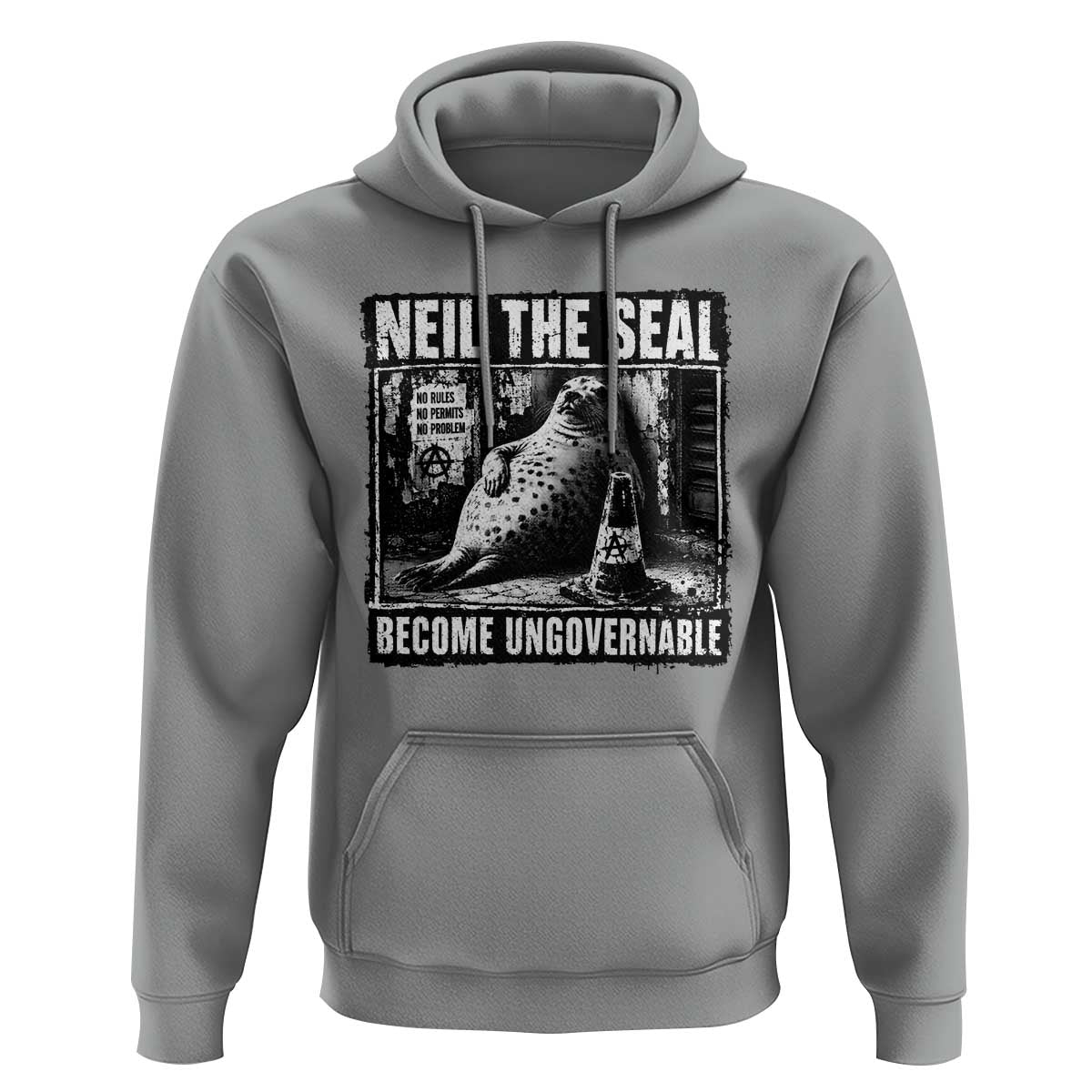Punk Rock Neil the Seal Become Ungovernable Poster Style Hoodie Funny Viral Chaotic Elephant Seal Traffic Cone Meme