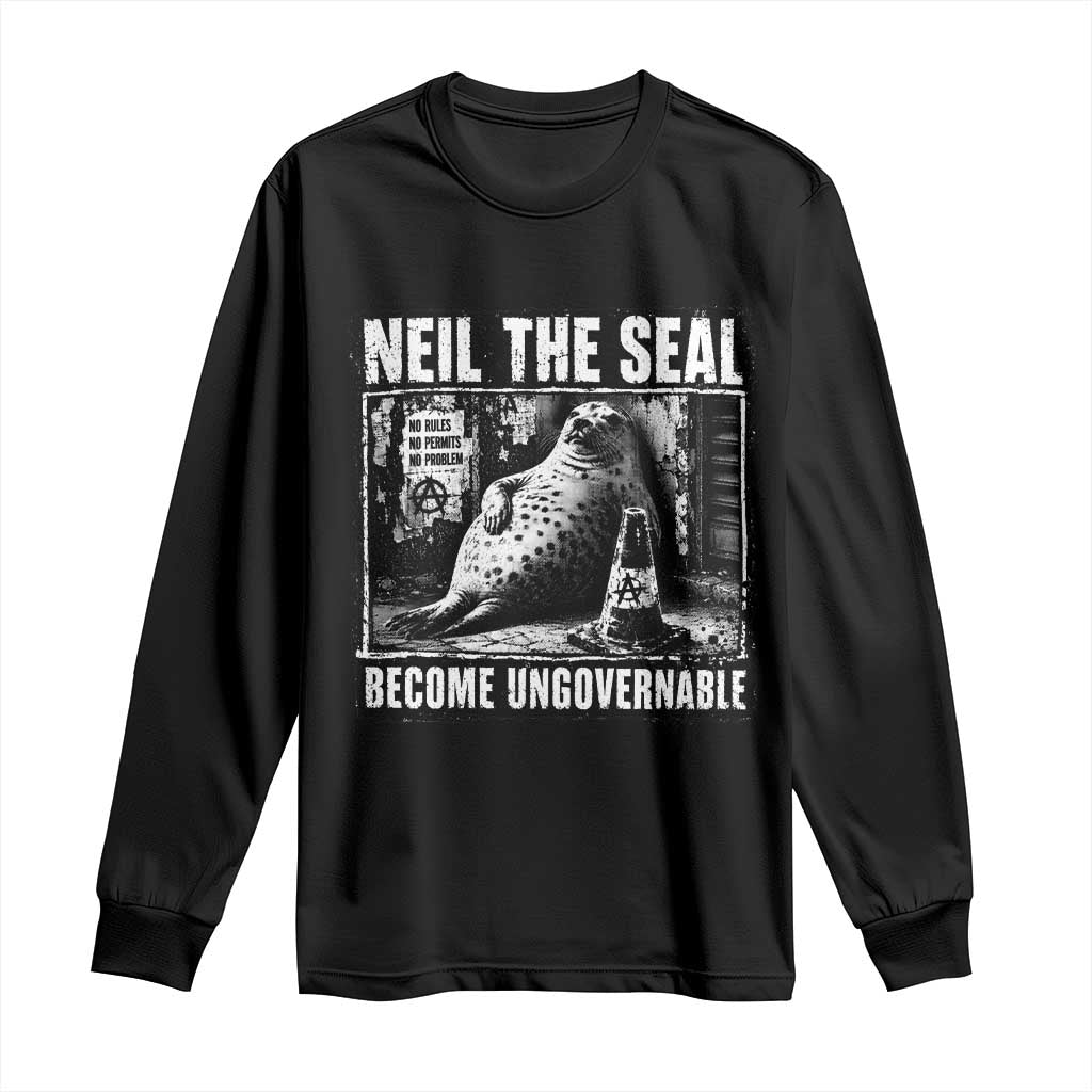Punk Rock Neil the Seal Become Ungovernable Poster Style Long Sleeve Shirt Funny Viral Chaotic Elephant Seal Traffic Cone Meme