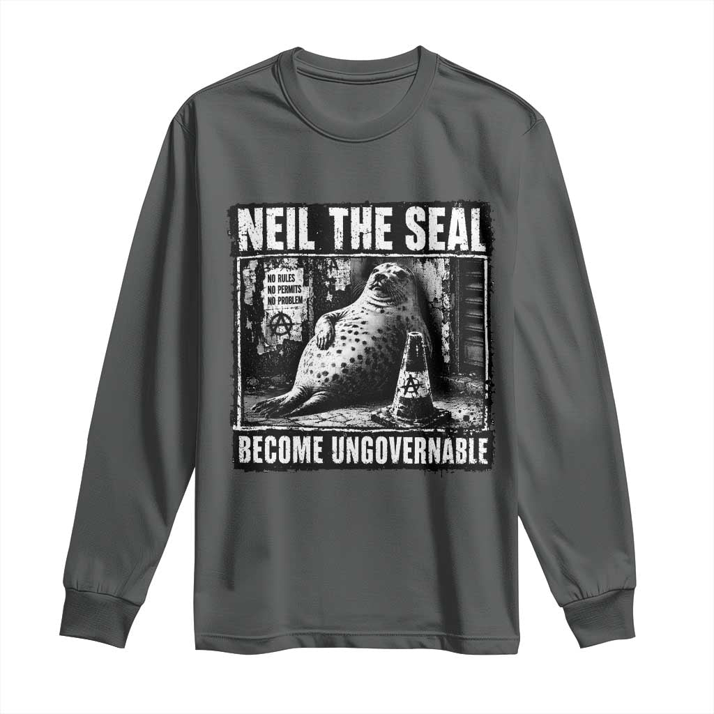 Punk Rock Neil the Seal Become Ungovernable Poster Style Long Sleeve Shirt Funny Viral Chaotic Elephant Seal Traffic Cone Meme