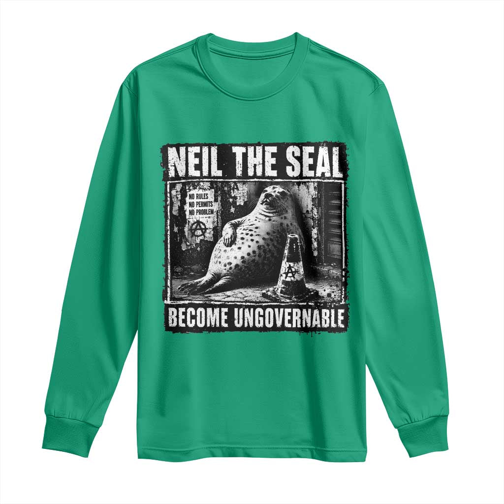 Punk Rock Neil the Seal Become Ungovernable Poster Style Long Sleeve Shirt Funny Viral Chaotic Elephant Seal Traffic Cone Meme