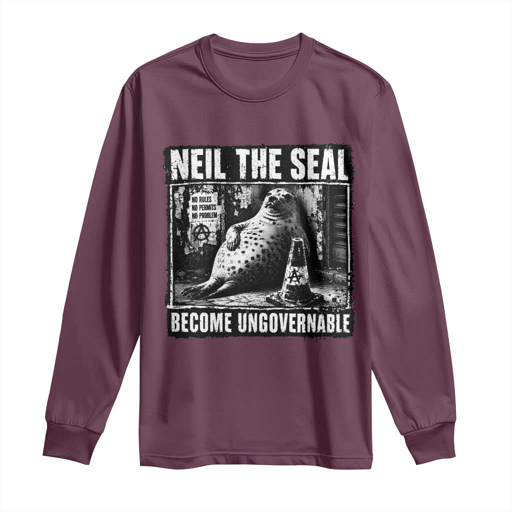 Punk Rock Neil the Seal Become Ungovernable Poster Style Long Sleeve Shirt Funny Viral Chaotic Elephant Seal Traffic Cone Meme