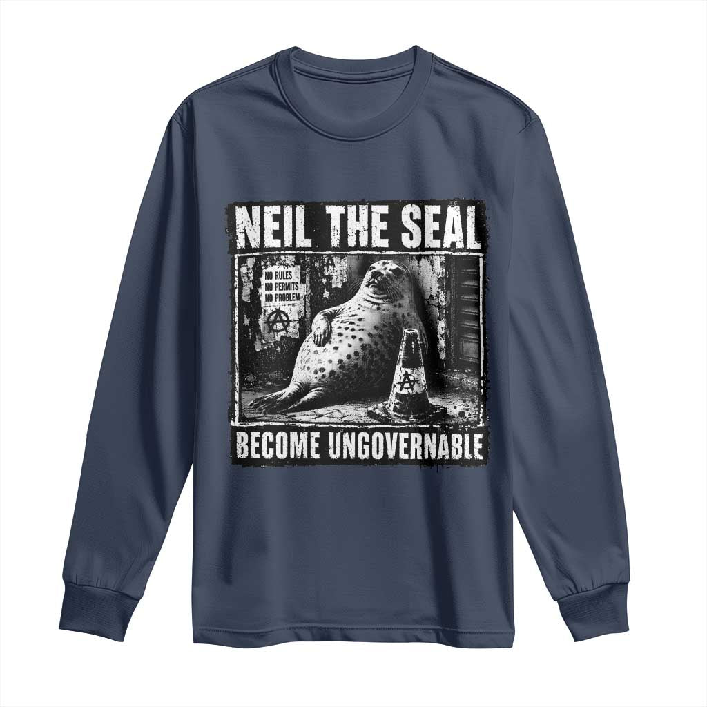 Punk Rock Neil the Seal Become Ungovernable Poster Style Long Sleeve Shirt Funny Viral Chaotic Elephant Seal Traffic Cone Meme