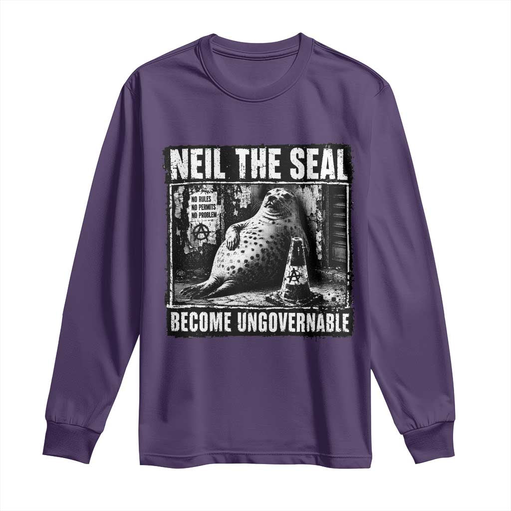 Punk Rock Neil the Seal Become Ungovernable Poster Style Long Sleeve Shirt Funny Viral Chaotic Elephant Seal Traffic Cone Meme