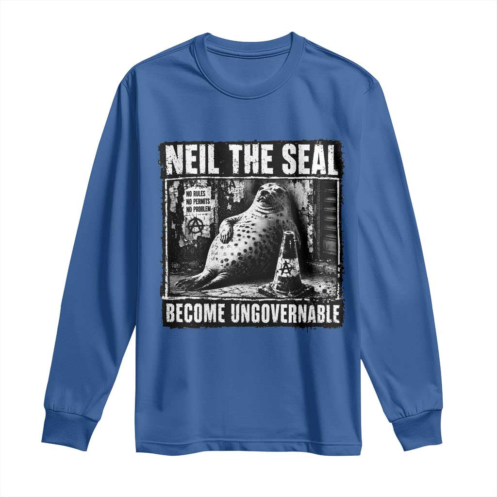 Punk Rock Neil the Seal Become Ungovernable Poster Style Long Sleeve Shirt Funny Viral Chaotic Elephant Seal Traffic Cone Meme