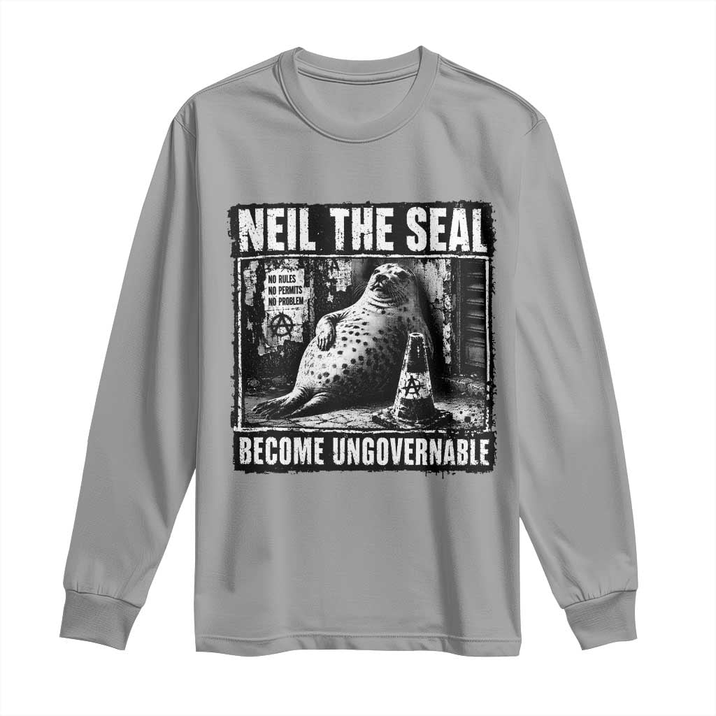 Punk Rock Neil the Seal Become Ungovernable Poster Style Long Sleeve Shirt Funny Viral Chaotic Elephant Seal Traffic Cone Meme