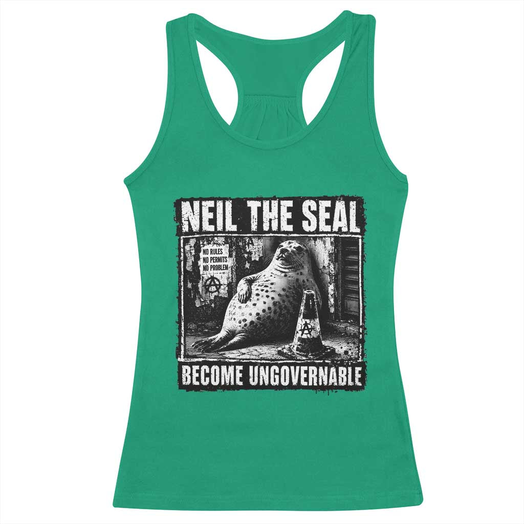 Punk Rock Neil the Seal Become Ungovernable Poster Style Racerback Tank Top Funny Viral Chaotic Elephant Seal Traffic Cone Meme