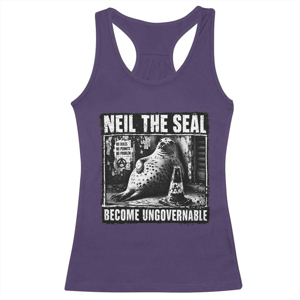 Punk Rock Neil the Seal Become Ungovernable Poster Style Racerback Tank Top Funny Viral Chaotic Elephant Seal Traffic Cone Meme