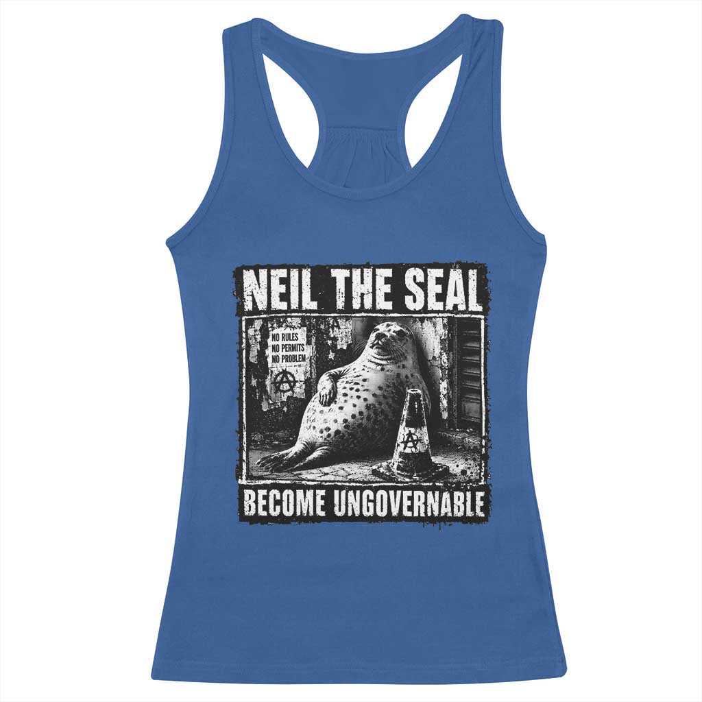 Punk Rock Neil the Seal Become Ungovernable Poster Style Racerback Tank Top Funny Viral Chaotic Elephant Seal Traffic Cone Meme