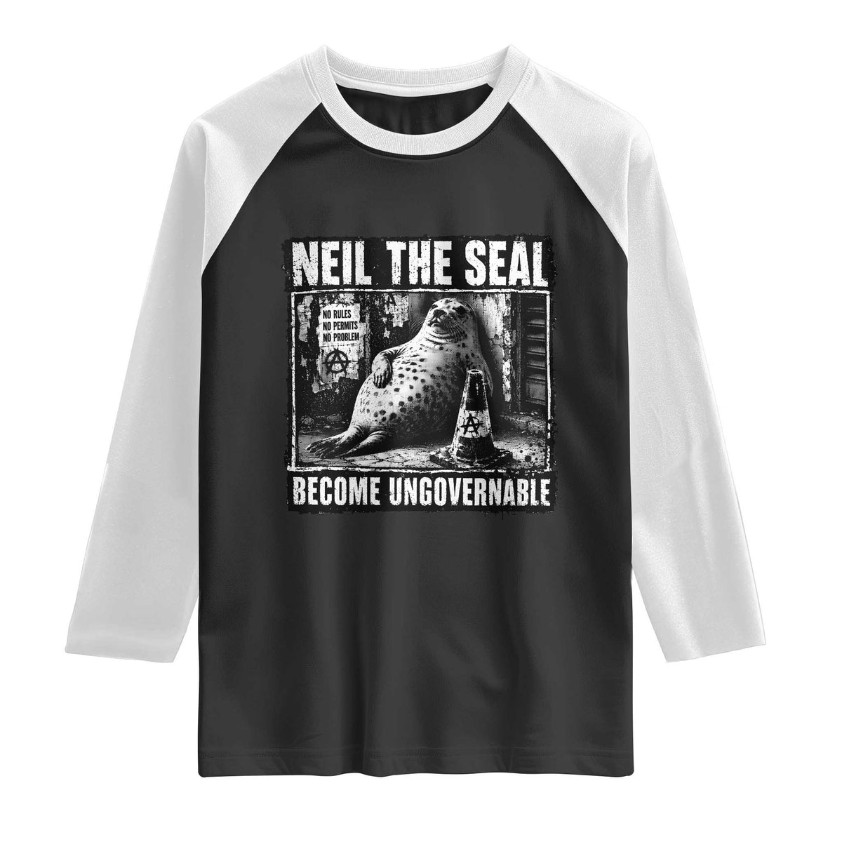 Punk Rock Neil the Seal Become Ungovernable Poster Style Raglan Shirt Funny Viral Chaotic Elephant Seal Traffic Cone Meme